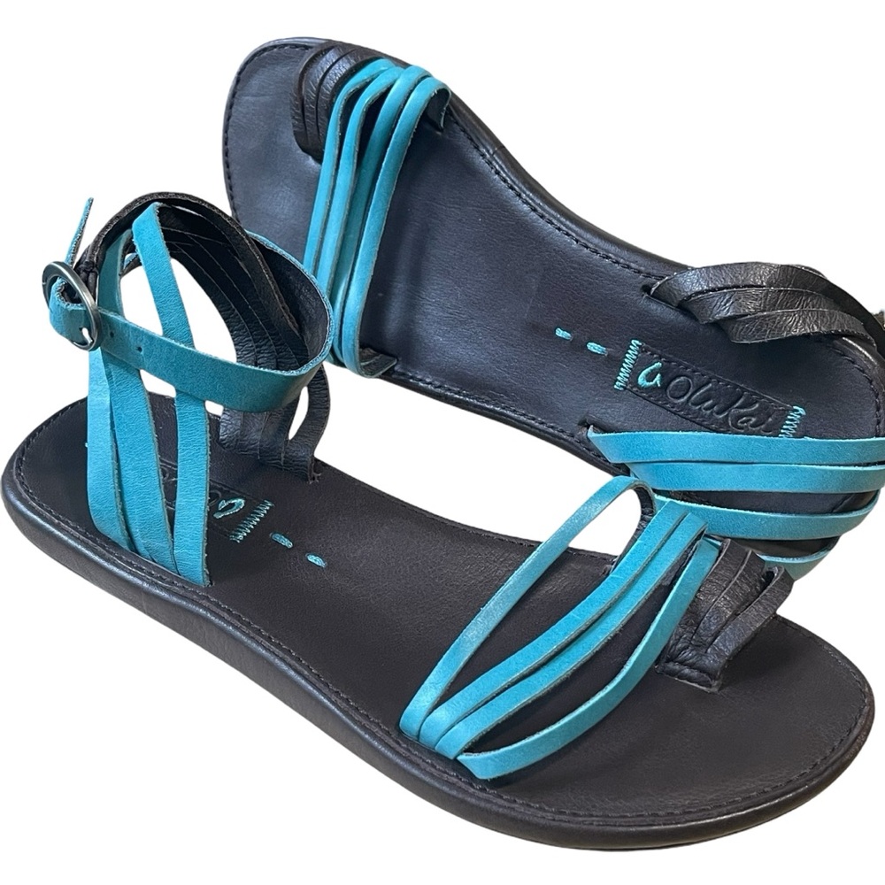 Olukai Leather Beach Sandal Wet Grip Sole Brown & Turquoise Blue Size 6